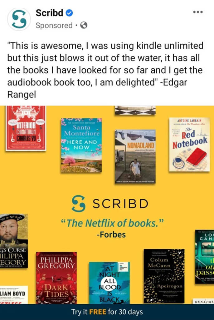 tangkapan layar iklan scribd menargetkan orang-orang yang mengikuti akun serupa