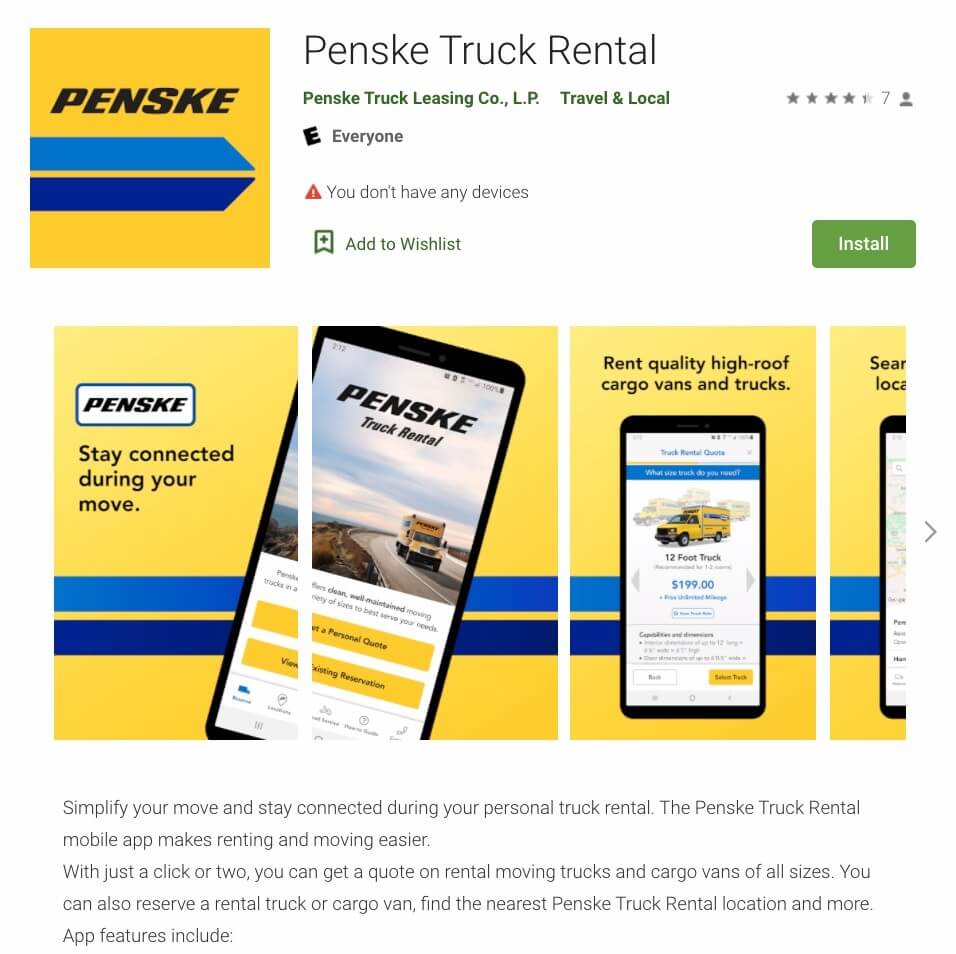 Zrzut ekranu aplikacji mobilnej Penske (pozyskano)
