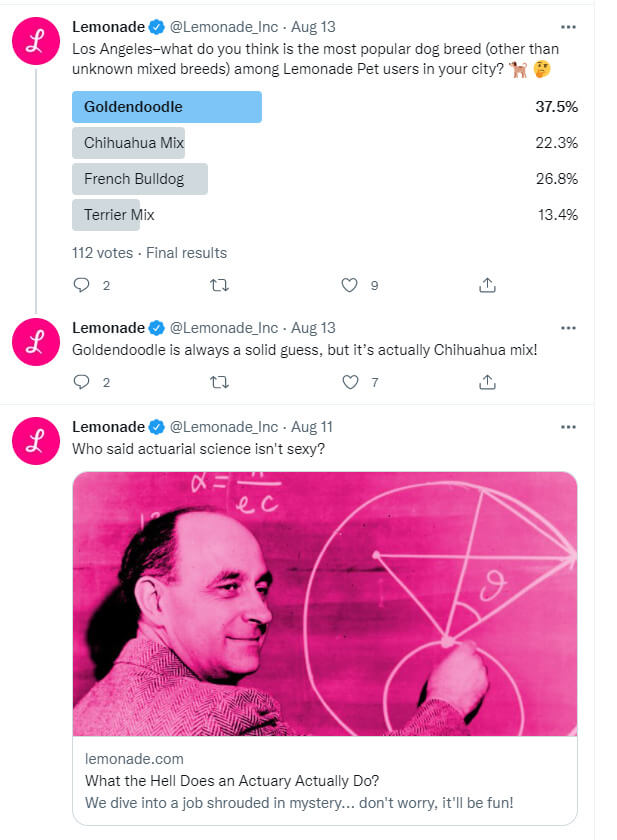 레모네이드의 트위터 콘텐츠