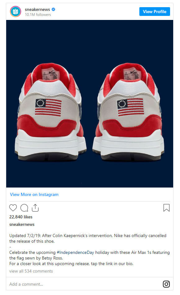 Nike의 Betsy Ross 캠페인에서 Instagram 게시물
