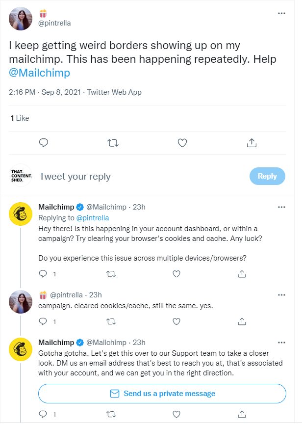 Mailchimp와 사용자 간의 Twitter 대화