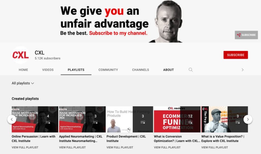 Captură de ecran a canalului YouTube al lui CXL