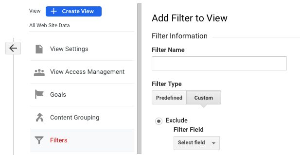 Captură de ecran a filtrului de vizualizare Google Analytics