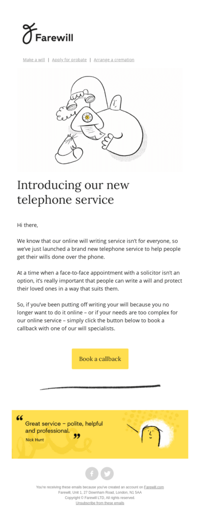 Correo electrónico de lanzamiento del producto Farewill