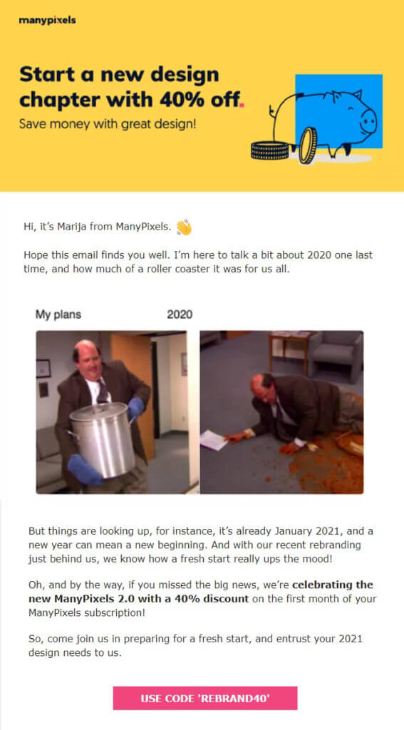 Oferta de desconto por e-mail da Manypixels