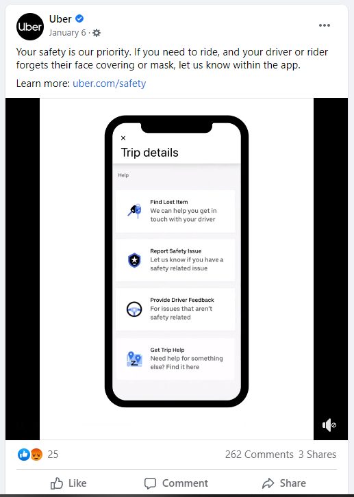 Exemplo de postagem do Uber no Facebook