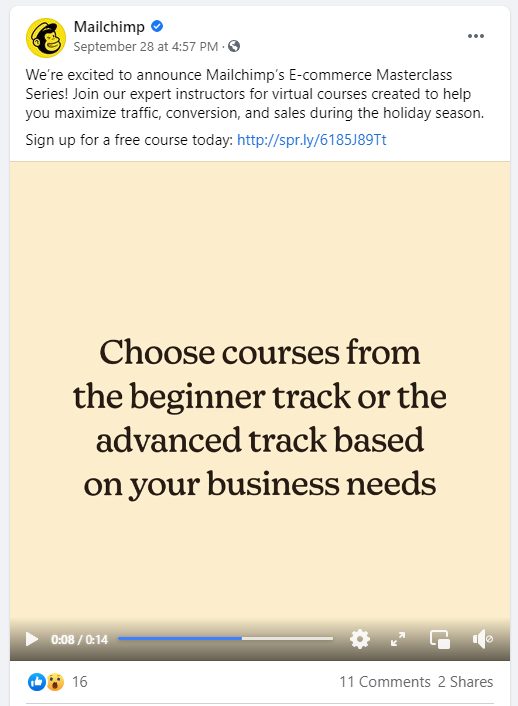 Exemplo de postagem do Mailchimp no Facebook
