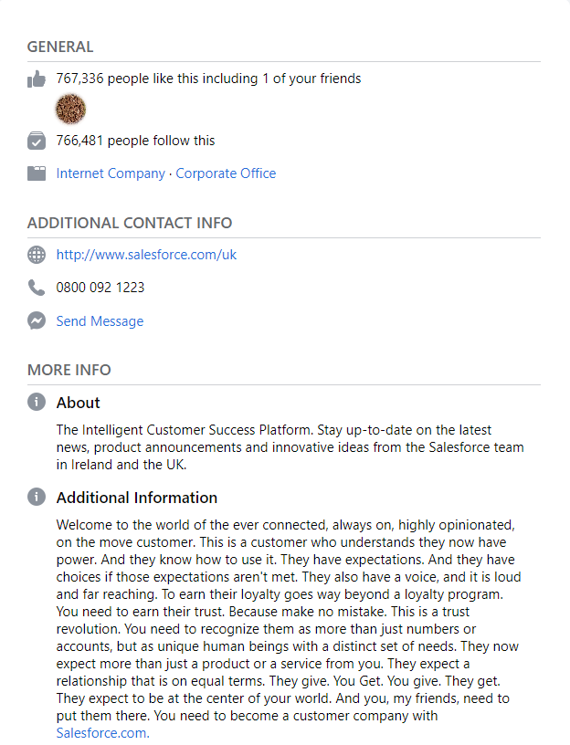 Página do Salesforce no Facebook sobre informações