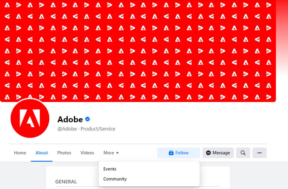 Captura de tela da página da Adobe no Facebook