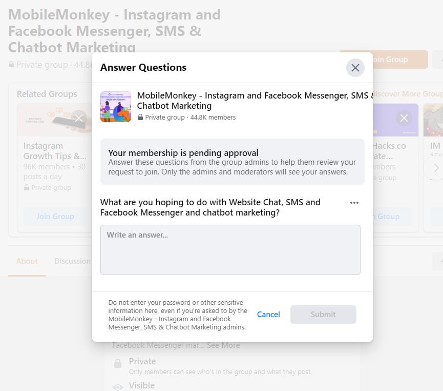 Perguntas da pesquisa do grupo MobileMonkey no Facebook