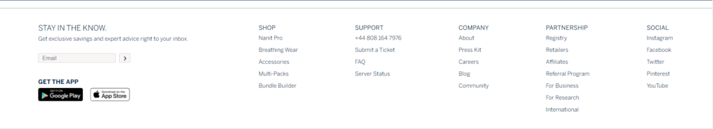 Rodapé do site Nanit