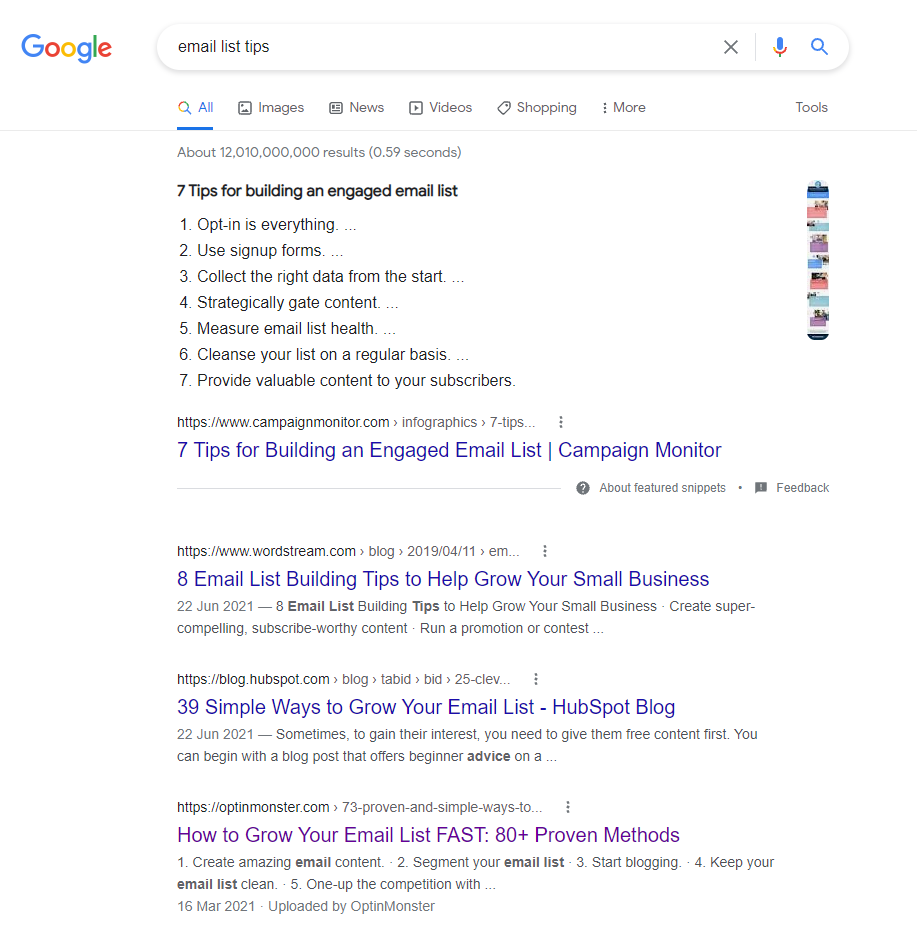 Contoh SERP untuk frasa "tips daftar email"