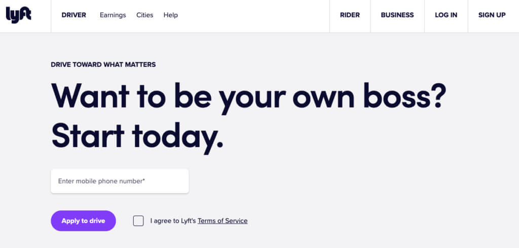 Exemplul 1 al paginii de destinație Lyft