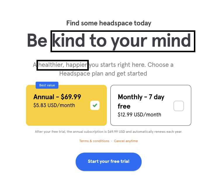 Exemplul 4 al paginii de destinație Headspace