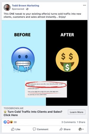 Exemplu de anunț pe Facebook Todd Brown