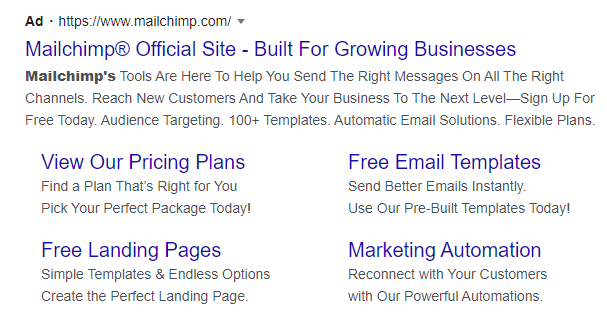 Exemplu de sitelink Mailchimp