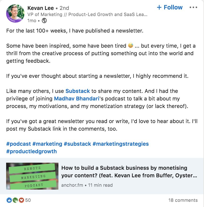 Exemplu de postare pe LinkedIn de la Kevan Lee (partajarea unei povești)