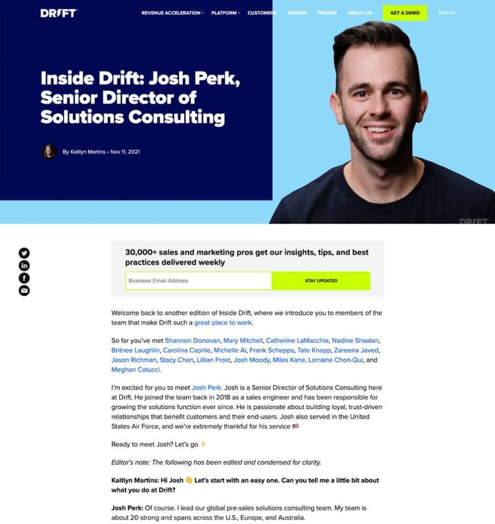 experiência de compartilhamento de membro da equipe de drift de captura de tela