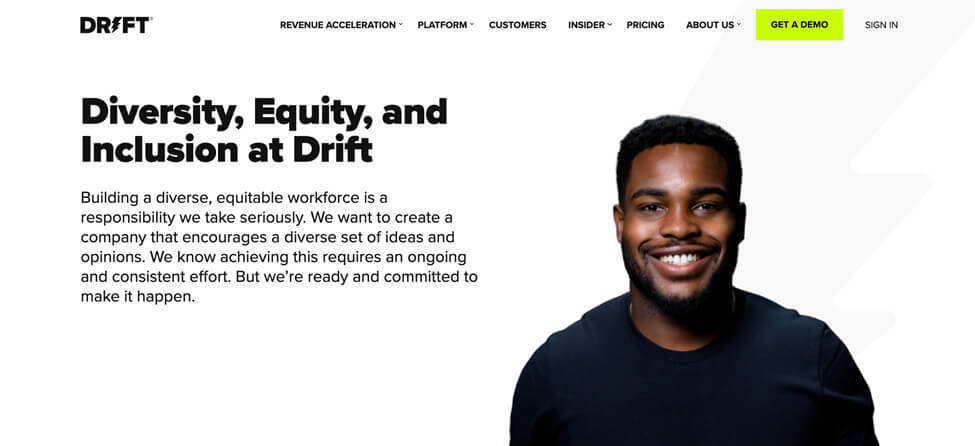 equidade e inclusão de diversidade de captura de tela do site drift