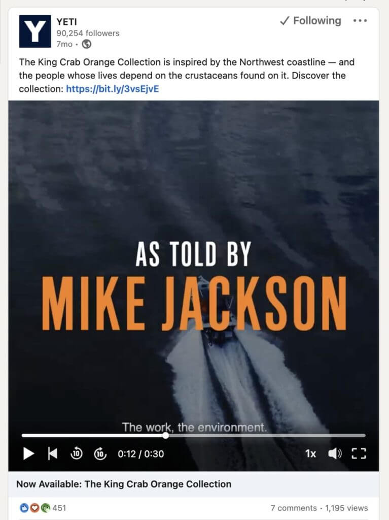 captura de tela do post do yeti linkedin