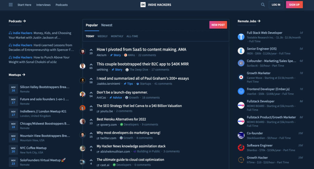Exemple de communauté (IndieHackers)
