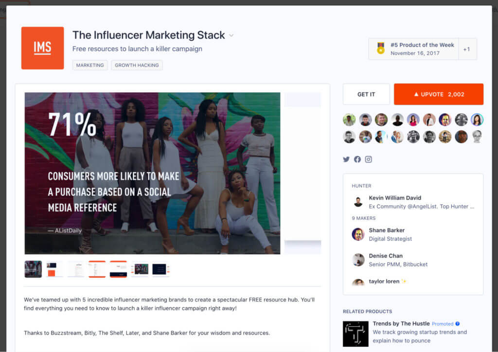 Exemple de lancement de marque sur Product Hunt