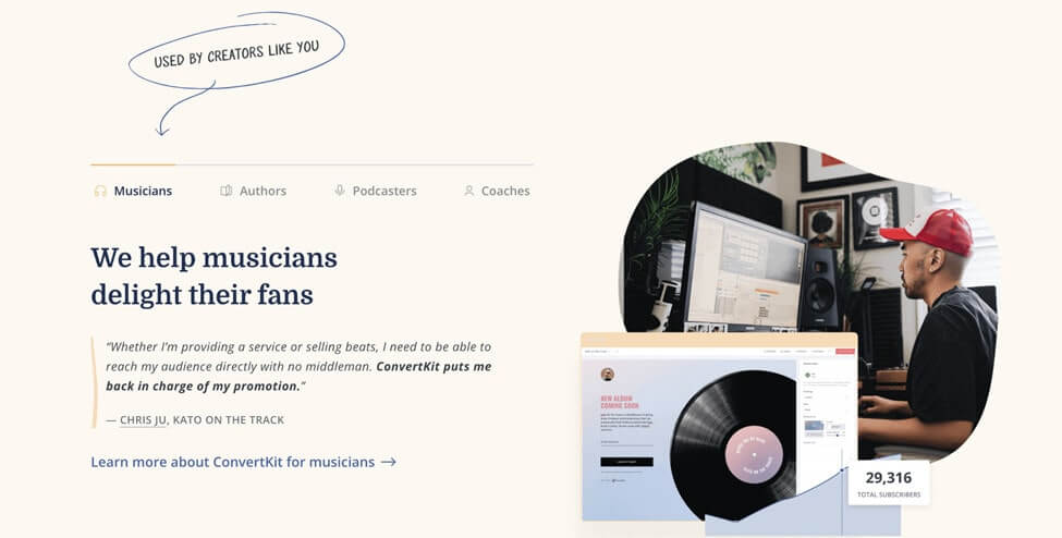 ภาพหน้าจอของ แพลตฟอร์มการตลาดผลิตภัณฑ์ Convertkit สำหรับนักดนตรี