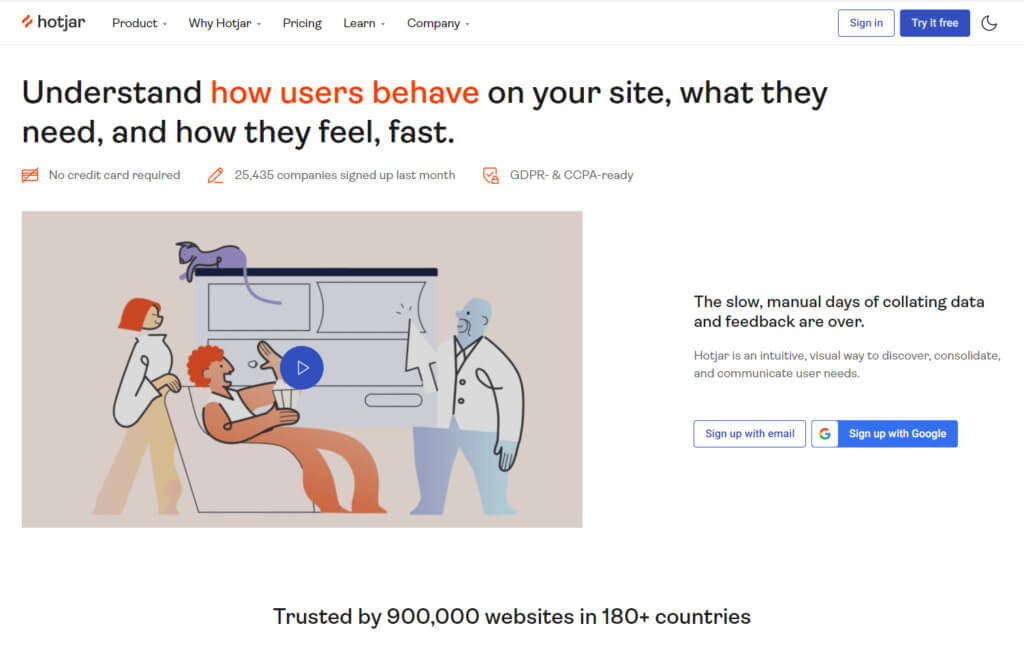 Captura de pantalla de la página de inicio de Hotjar