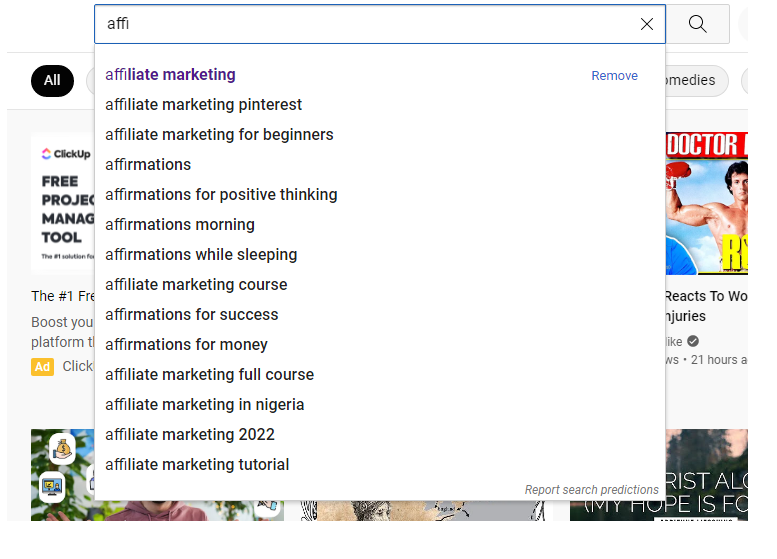 Căutare pe YouTube - autosugestii