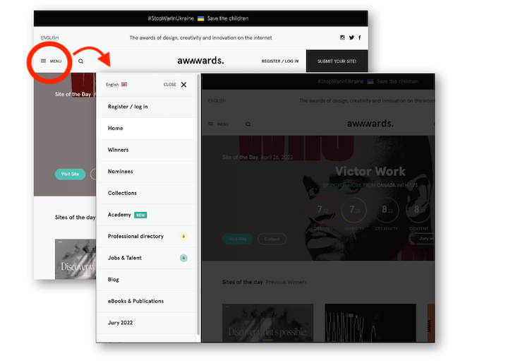 Ejemplos de encabezados de sitios web: deslizamiento del lado izquierdo