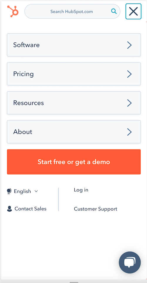 ejemplo de encabezado de sitio web móvil - hubspot