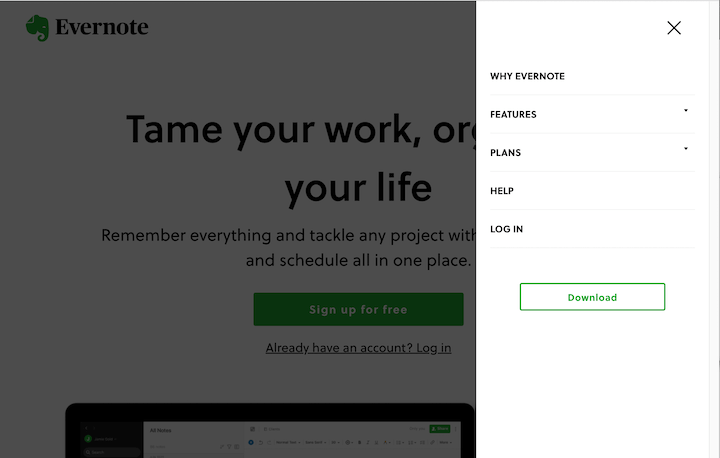 Ejemplos de encabezados de sitios web: diapositiva del lado derecho de Evernote