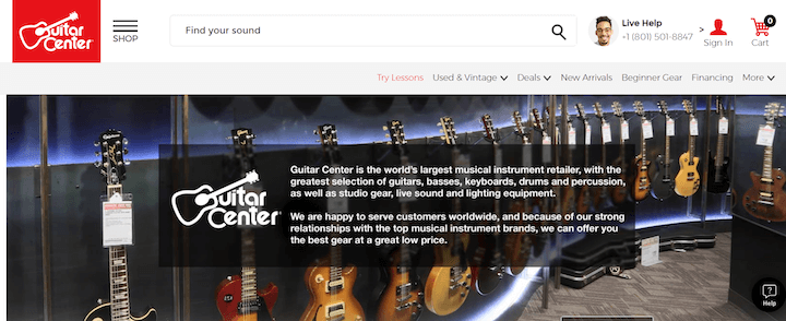 ejemplo de encabezado de sitio web con carrito de compras - guitar center