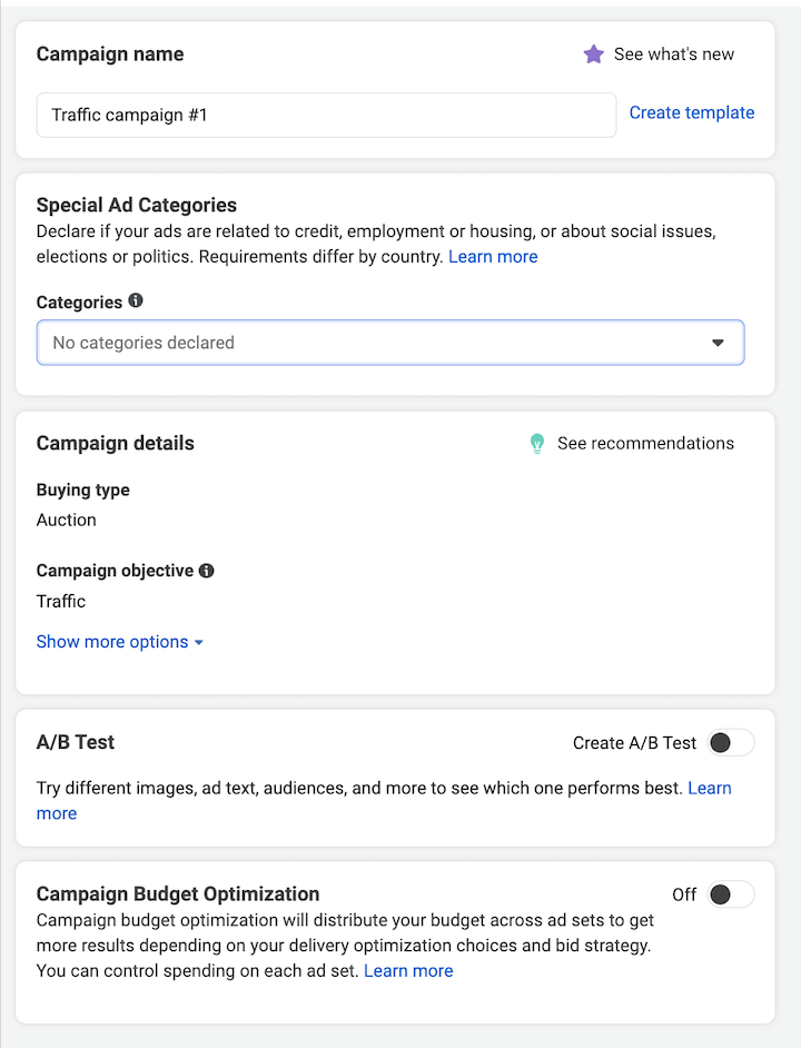окно настройки рекламной кампании facebook