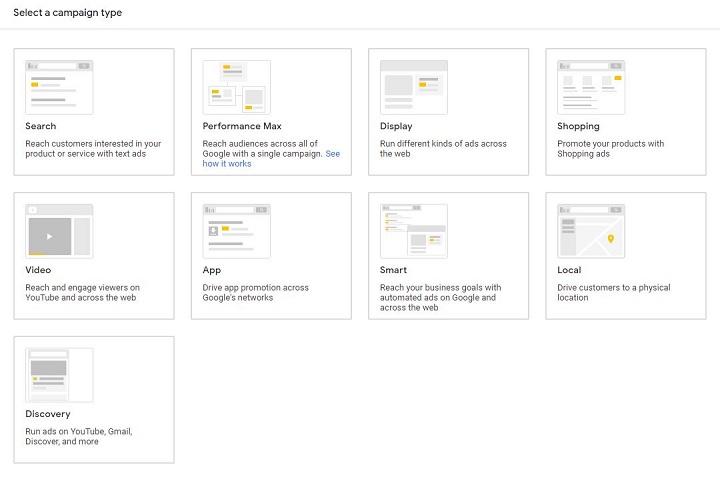 anatomie du compte google ads - exemple d'options de type de campagne dans la configuration de google ad
