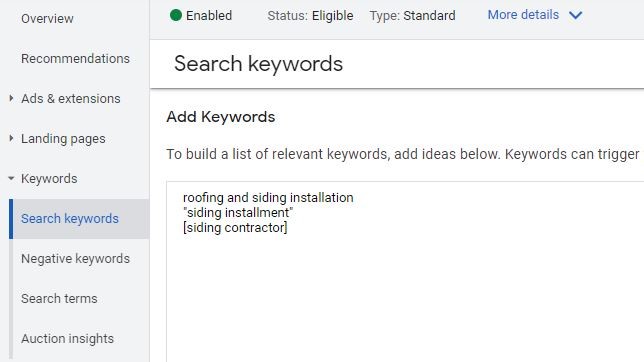 anatomie du compte google ads - exemple d'ajout de mots clés dans un groupe d'annonces google ads