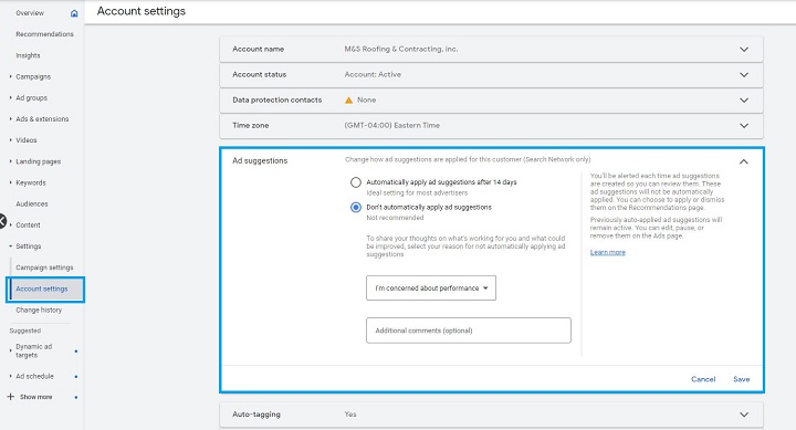 Anatomie du compte Google Ads - Exemple d'options de suggestion automatique au niveau du compte
