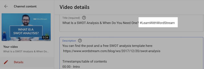 comment ajouter un hashtag au titre de la vidéo youtube