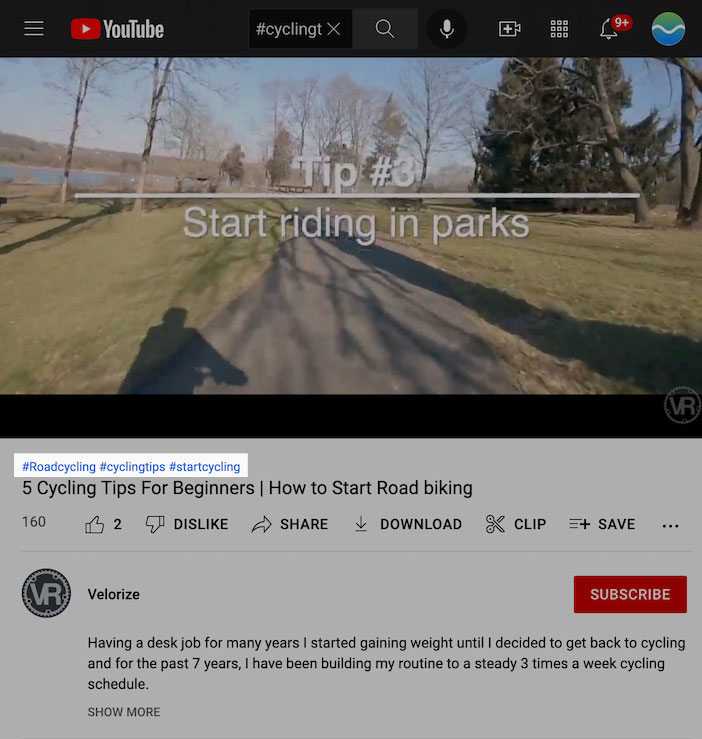 exemple de hashtags youtube sur vidéo cyclisme
