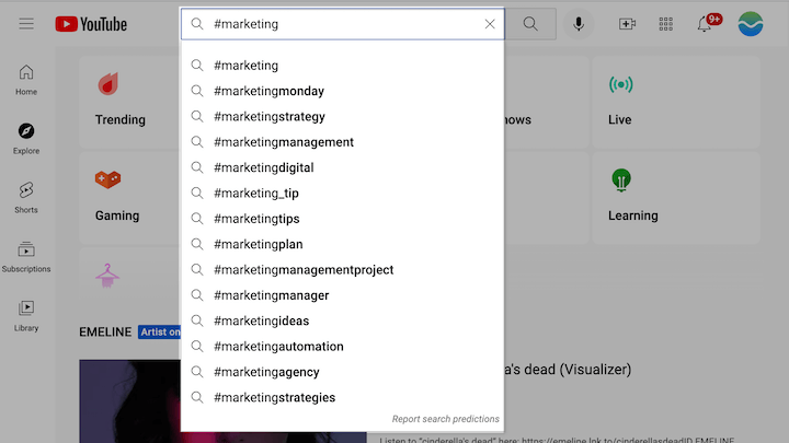 comment trouver des hashtags youtube en utilisant la suggestion de recherche