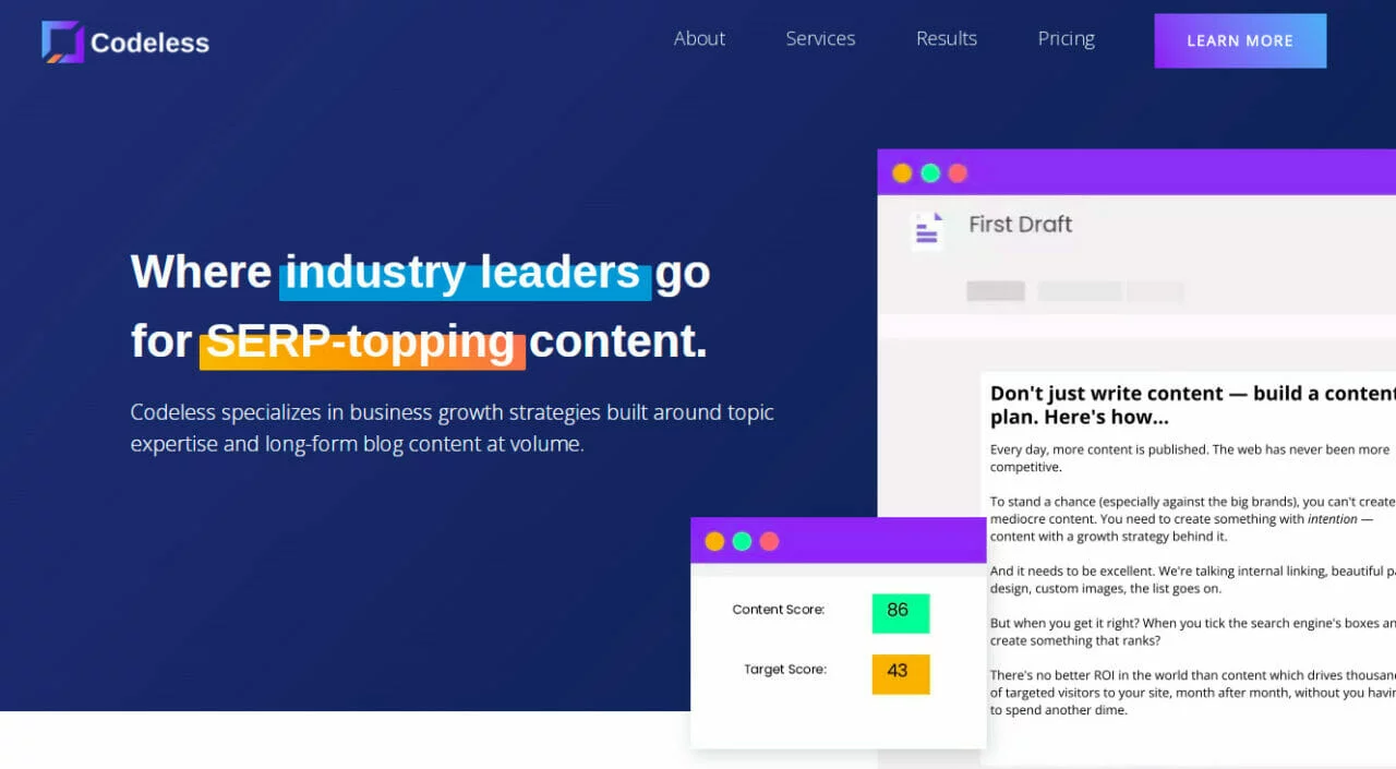 Page d'accueil de l'agence de marketing sans code