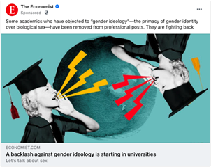 Ekonomist reklamı, konuşmayı simgelemek için parlak renkli çizgileri olan mezuniyet keplerinde iki kadının olduğu küre tipi bir daireyi gösteriyor. Kadınlardan biri baş aşağı.