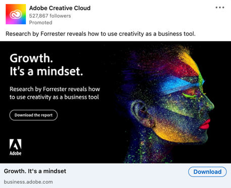 İkinci reklamda tek cümlelik açıklayıcı "Forrester'ın Araştırması, yaratıcılığın bir iş aracı olarak nasıl kullanılacağını ortaya koyuyor" yer alıyor. Başlığın altında görünen: "Büyüme. Bu bir zihniyet."