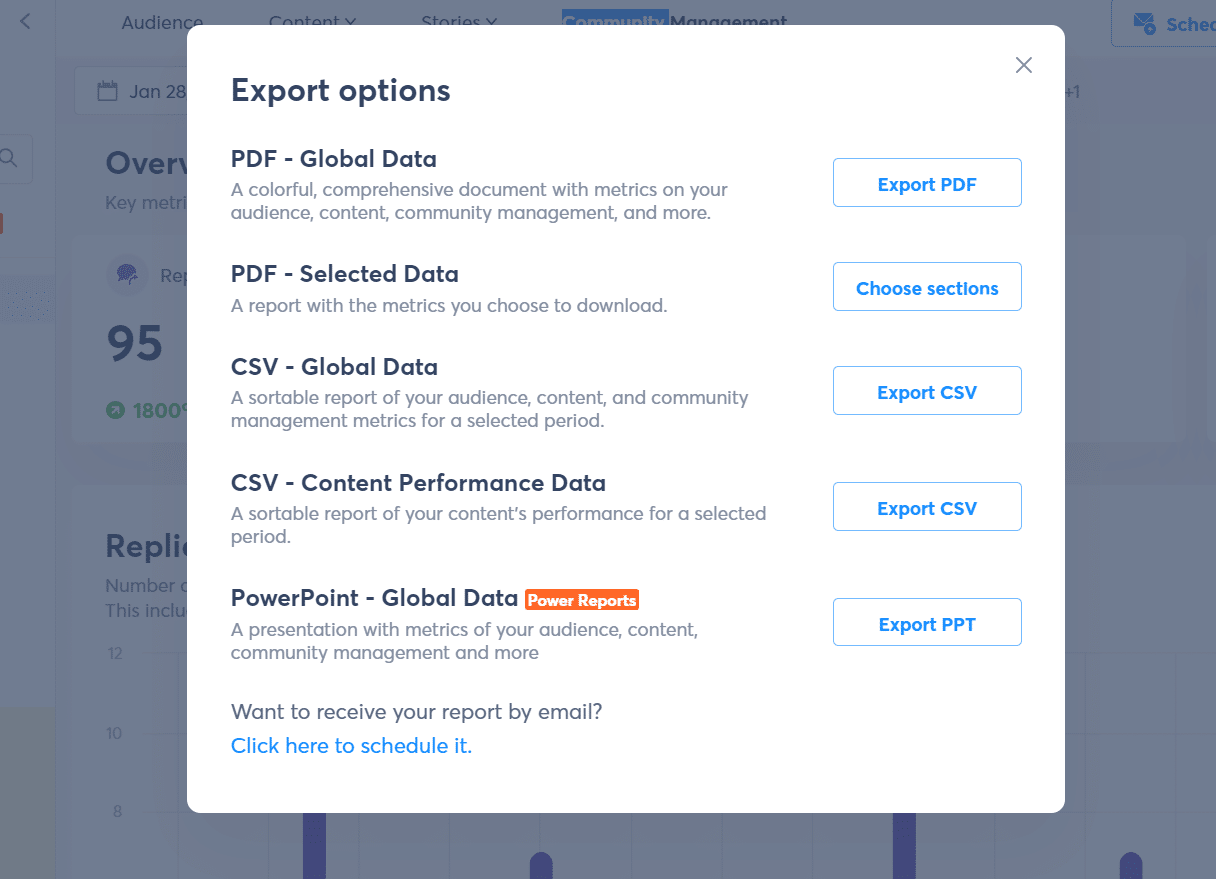 параметры экспорта для отчетов Agorapulse
