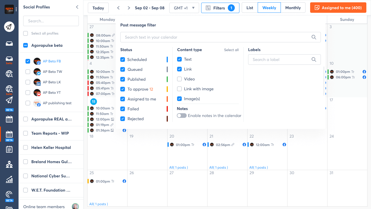 Календарь панели управления Agorapulse