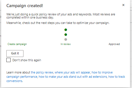 Microsoft подтверждает настройку кампании.