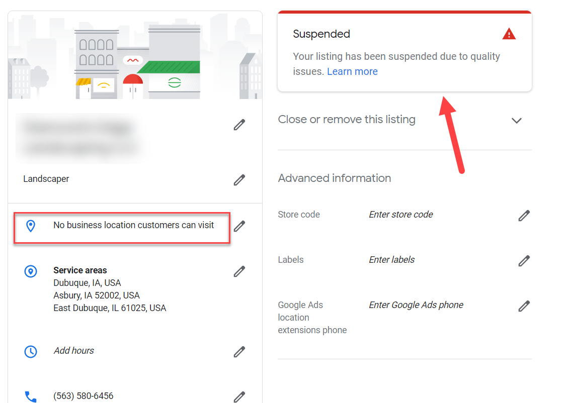 Zawieszona wizytówka Google Moja Firma.