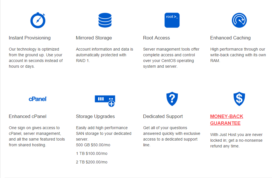 Just Host Dedicated Hosting features