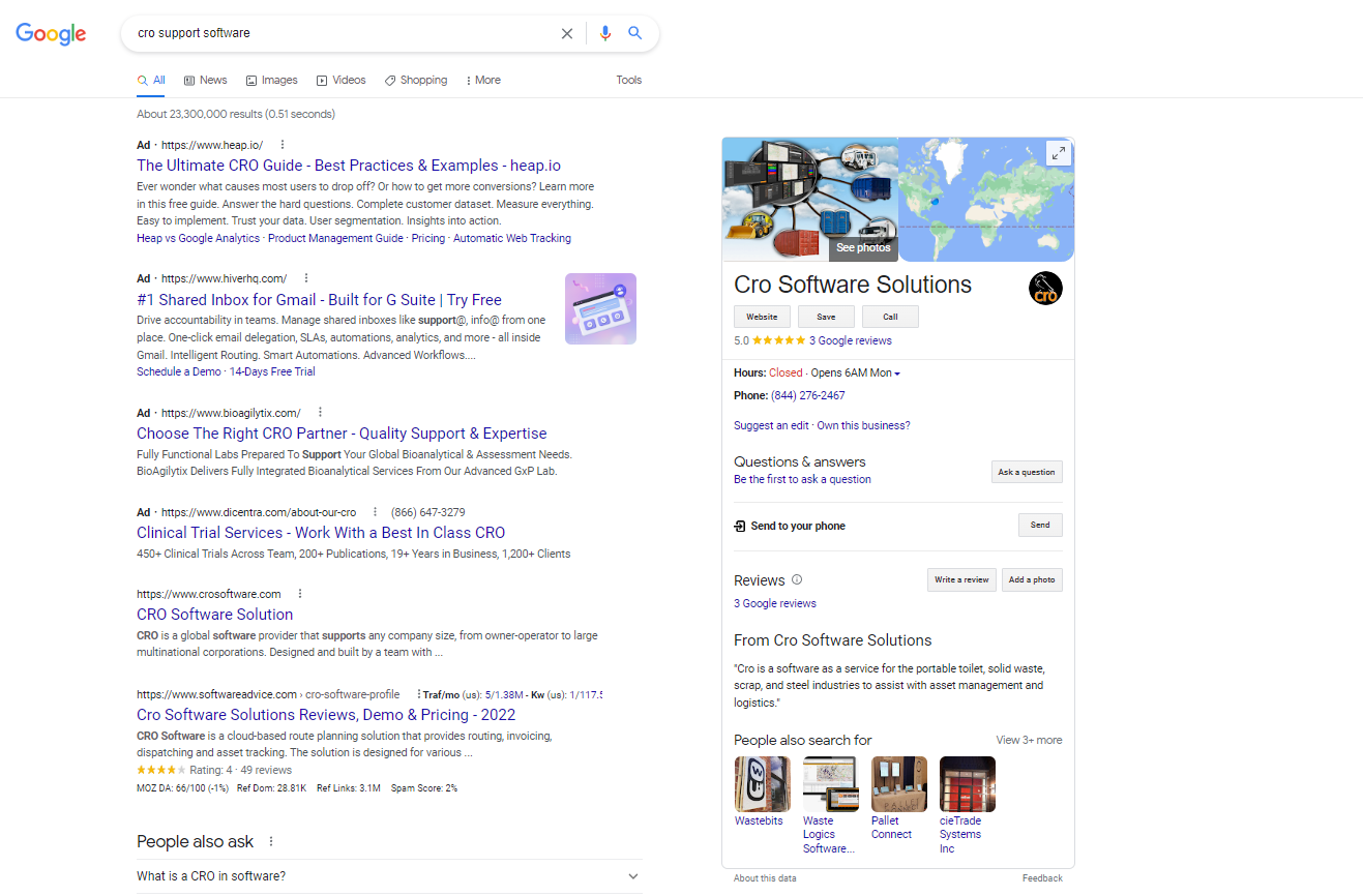 CROサポートソフトウェアの結果を示すSERP