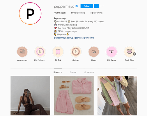ตัวอย่างร้านค้าออนไลน์ PepperMayo สำหรับ Instagram